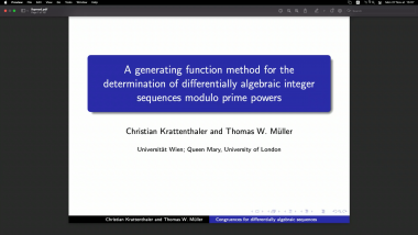 A generating function method for the determination of differentially algebraic integer sequences modulo prime powers - Part 1