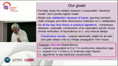 Constructive semantics, electricity propagation in circuits, 2-adic numbers, and formal verification (1/2)