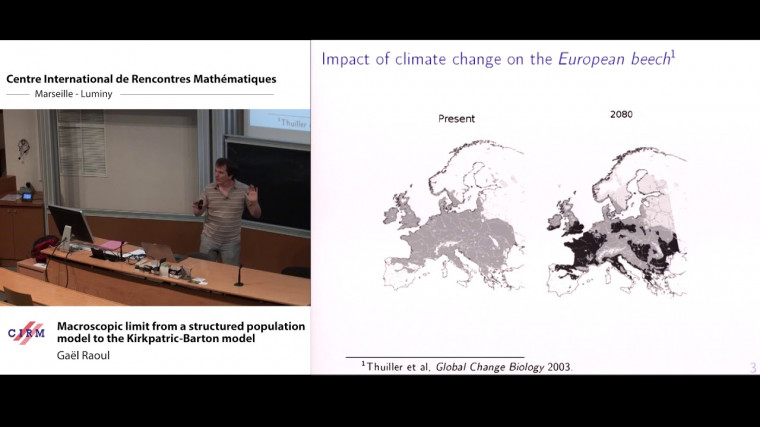 Macroscopic limit from a structured population model to the Kirkpatrick-Barton model