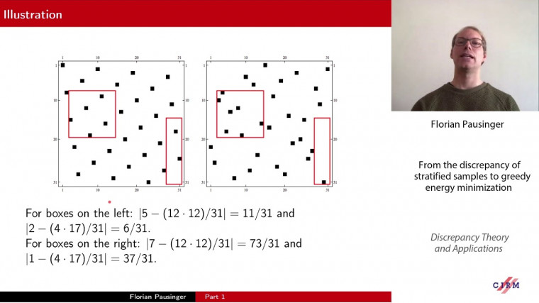On two different topics in discrepancy theory: From the discrepancy of stratified samples to greedy energy minimization (part 1)