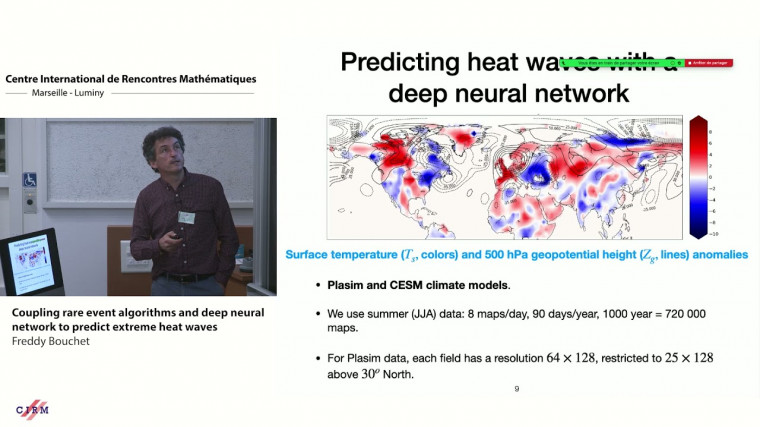 Coupling rare event algorithms and deep neural network to predict extreme heat waves