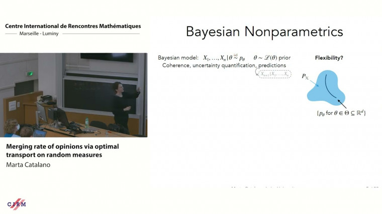 Merging rate of opinions via optimal transport on random measures