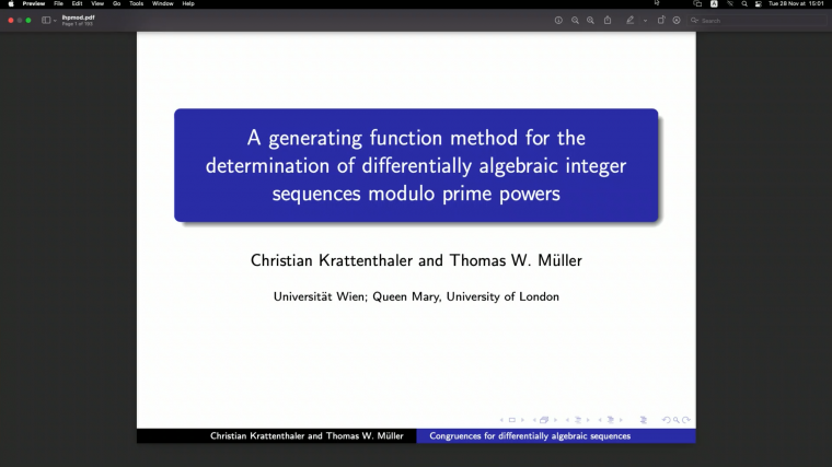 A generating function method for the determination of differentially algebraic integer sequences modulo prime powers - Part 3