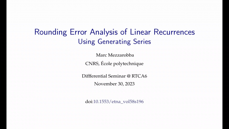 Rounding error analysis of linear recurrences using generating series